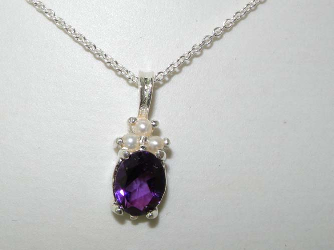 The Great British Jeweler Luxury Ladies Solid 925 Sterling Silver Natural Amethyst and Pearl Contemporary Pendant Necklace - 16" 18" or 20" Chain