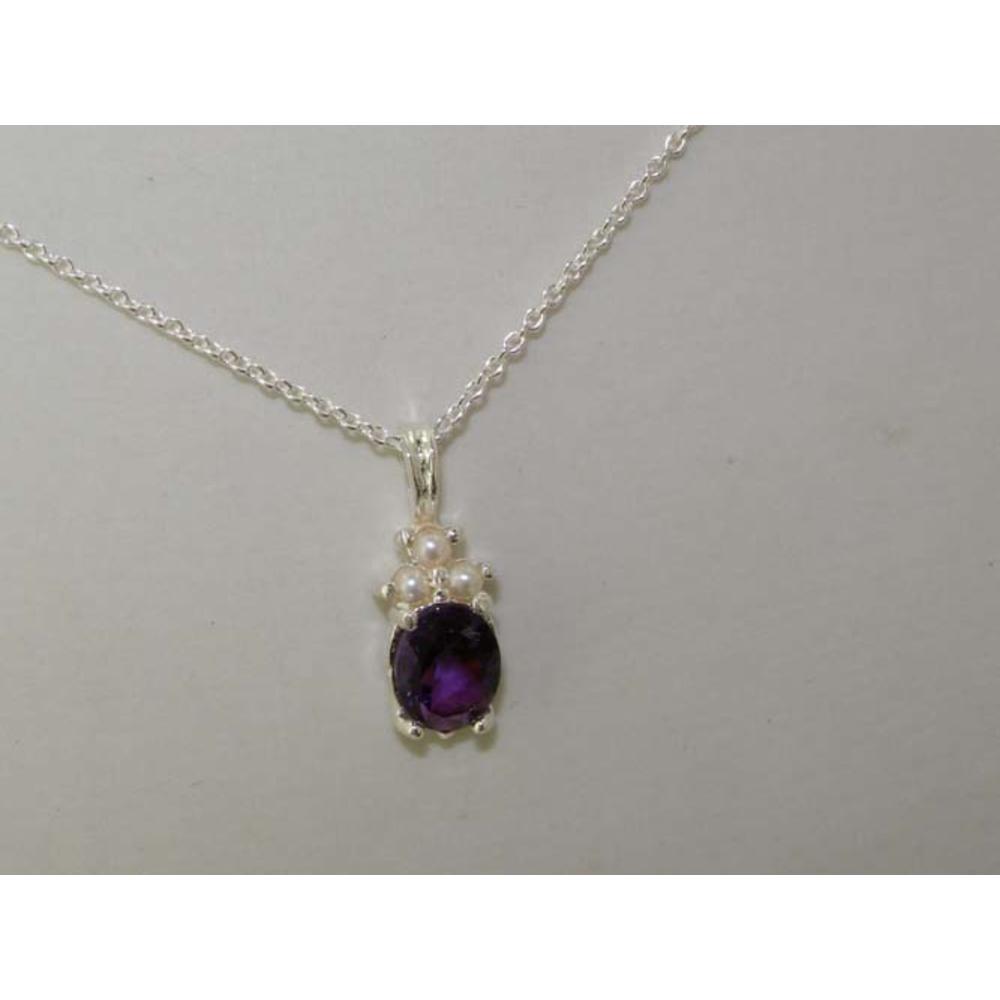 The Great British Jeweler Luxury Ladies Solid 925 Sterling Silver Natural Amethyst and Pearl Contemporary Pendant Necklace - 16" 18" or 20" Chain