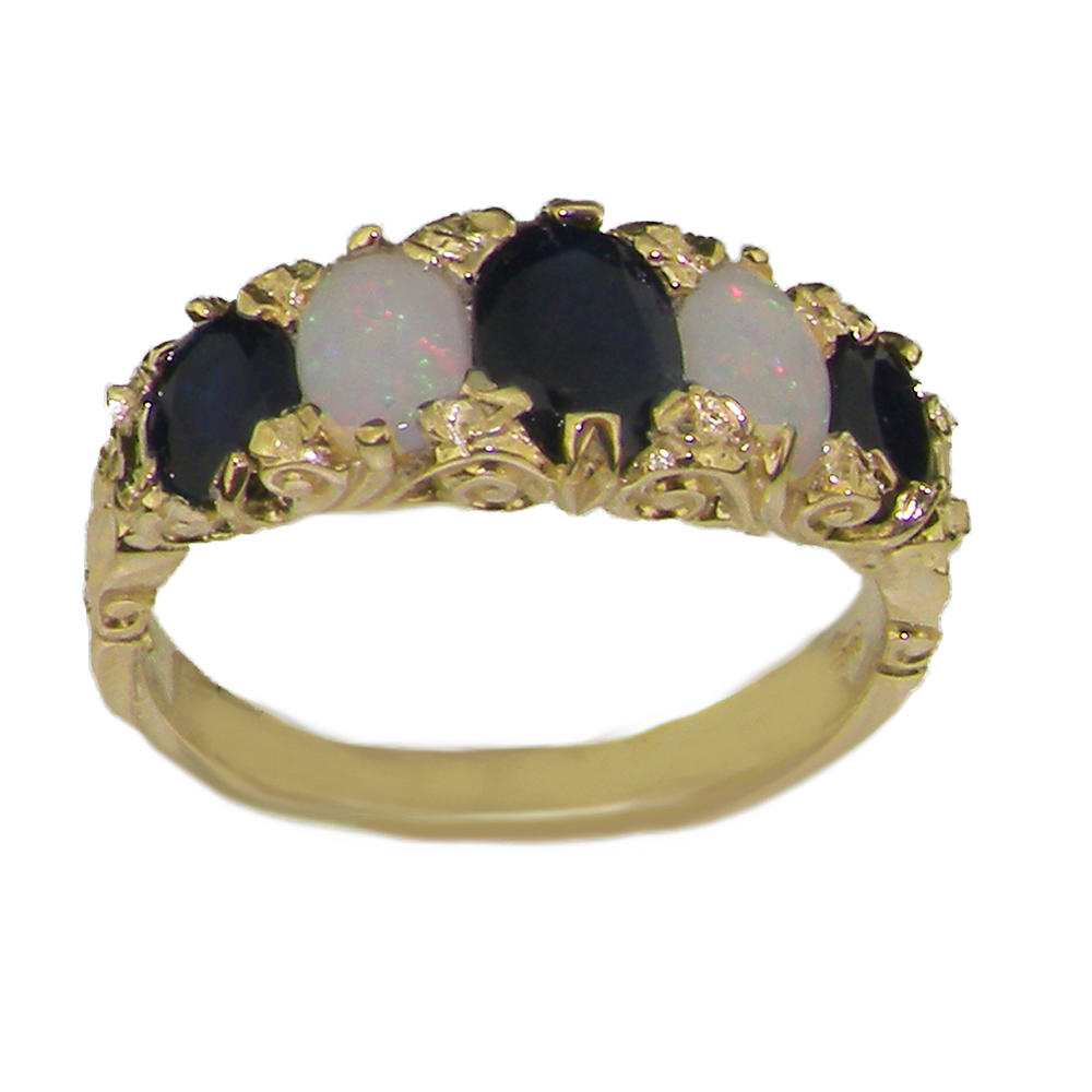 The Great British Jeweler Solid 14K Yellow Gold Natural Sapphire & Opal Vintage style Band Ring - Sizes 4 to 12 Available