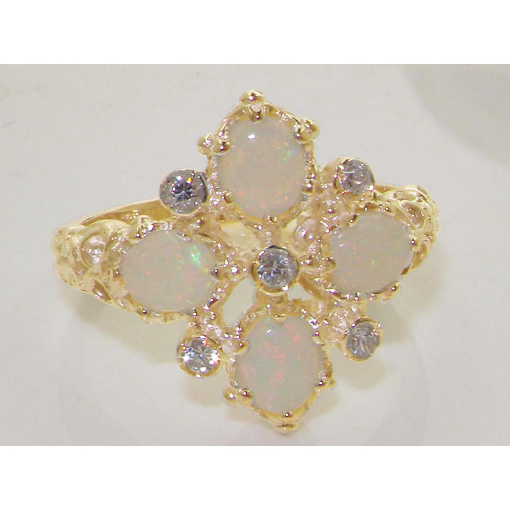 The Great British Jeweler Solid 14K Yellow Gold Natural Opal & Diamond Vintage Ring - Sizes 4 to 12 Available