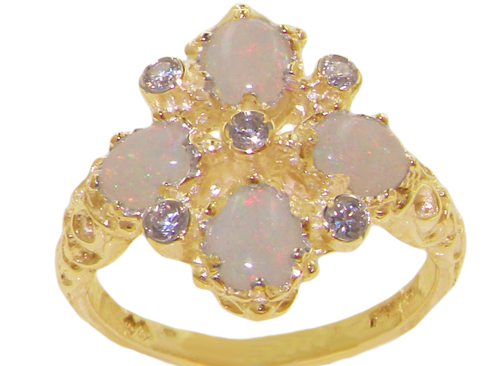 The Great British Jeweler Solid 14K Yellow Gold Natural Opal & Diamond Vintage Ring - Sizes 4 to 12 Available