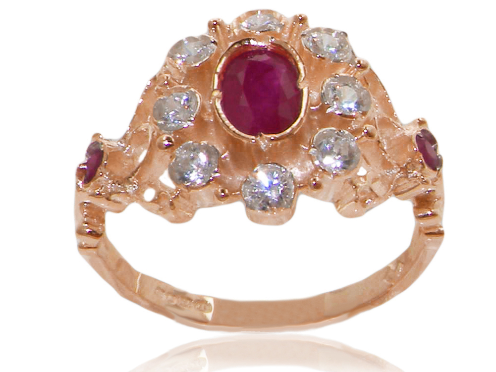 The Great British Jeweler Solid 14K Rose Gold Cubic Zirconia & Natural Ruby Vintage Style Cluster Ring - Sizes 4 to 12 Available