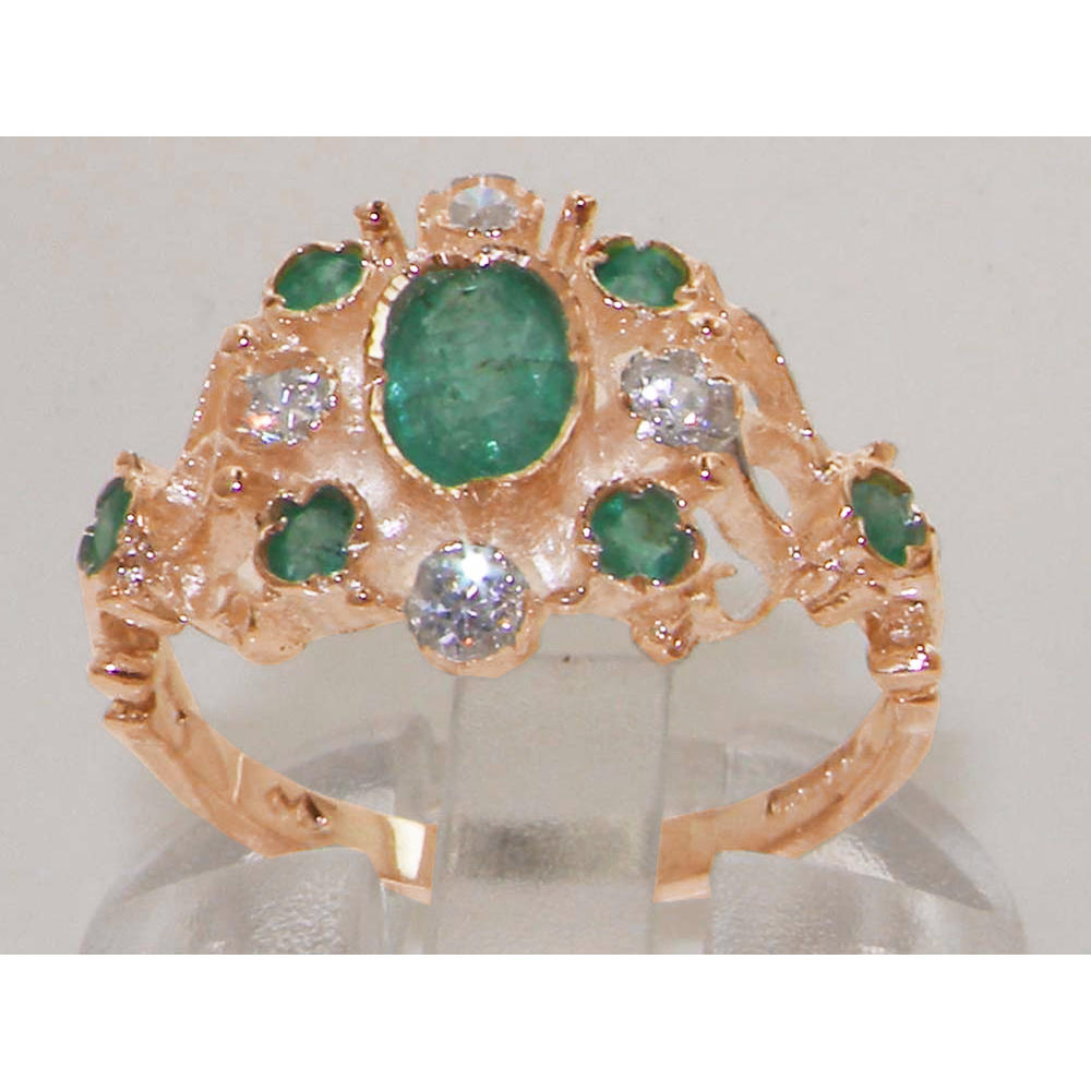 The Great British Jeweler Solid 9K Rose Gold Cubic Zirconia & Natural Emerald Vintage Style Cluster Ring - Sizes 4 to 12 Available