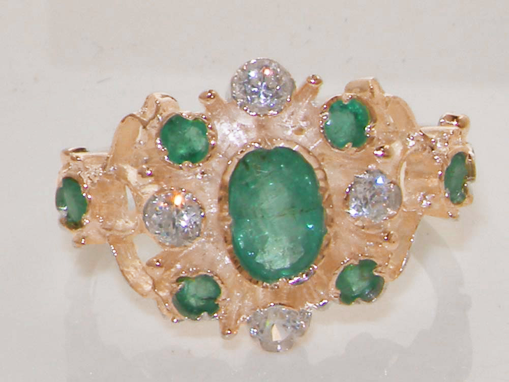 The Great British Jeweler Solid 9K Rose Gold Cubic Zirconia & Natural Emerald Vintage Style Cluster Ring - Sizes 4 to 12 Available