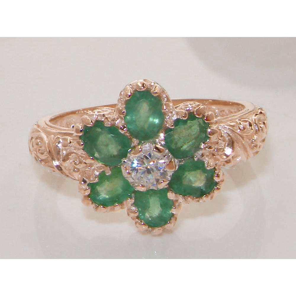The Great British Jeweler Solid 9K Rose Gold Natural Emerald & Diamond Art Nouveau style Ring - Sizes 4 to 12 Available