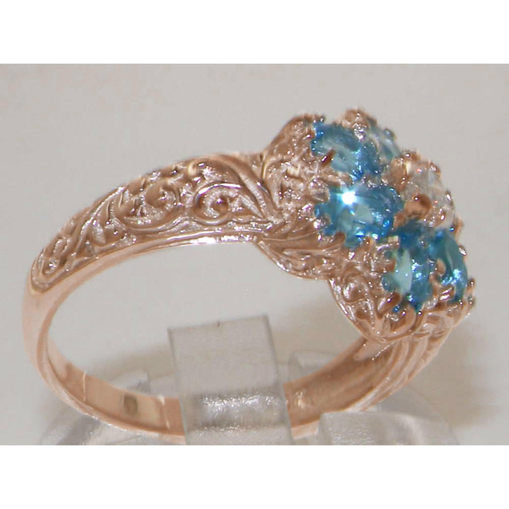 The Great British Jeweler Solid 9K Rose Gold Cubic Zirconia & Natural Blue Topaz Art Nouveau style Ring - Sizes 4 to 12 Available