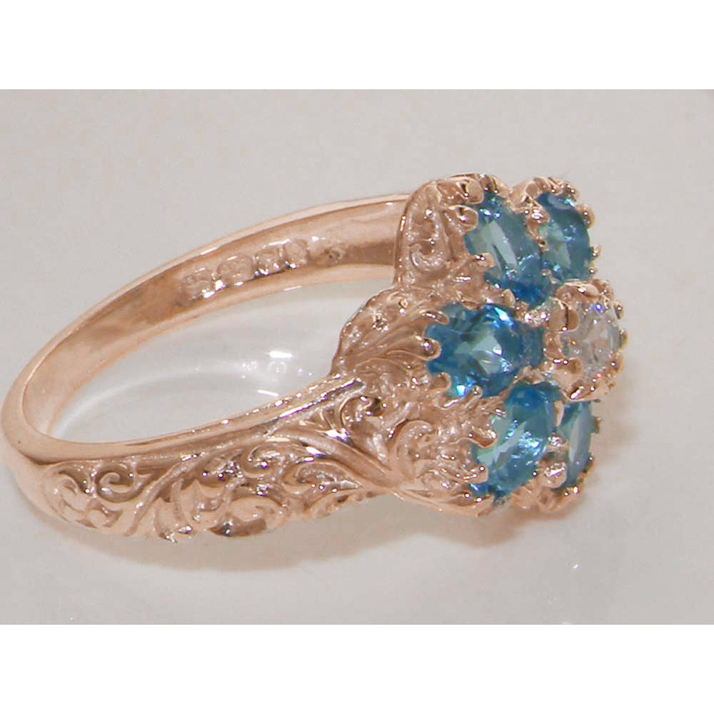 The Great British Jeweler Solid 9K Rose Gold Cubic Zirconia & Natural Blue Topaz Art Nouveau style Ring - Sizes 4 to 12 Available