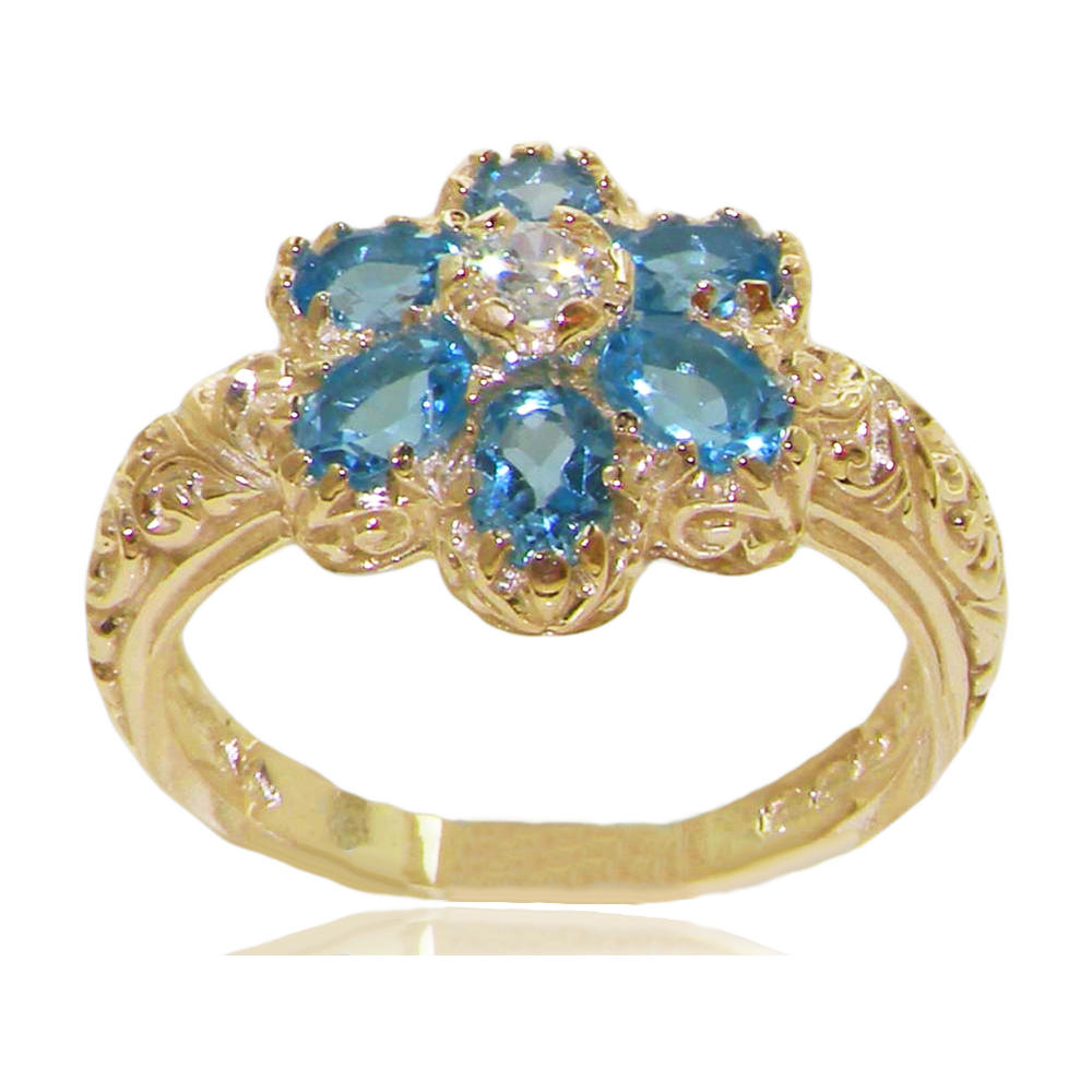 The Great British Jeweler 14K Yellow Gold Cubic Zirconia & Natural Blue Topaz Art Nouveau Style Ring - Sizes 4 to 12 Available