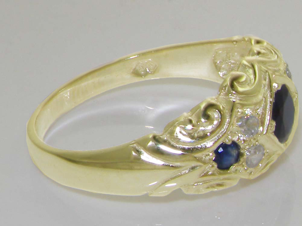 The Great British Jeweler Solid 9K Yellow Gold Natural Sapphire & Diamond Vintage Style Band Ring - Sizes 4 to 12 Available