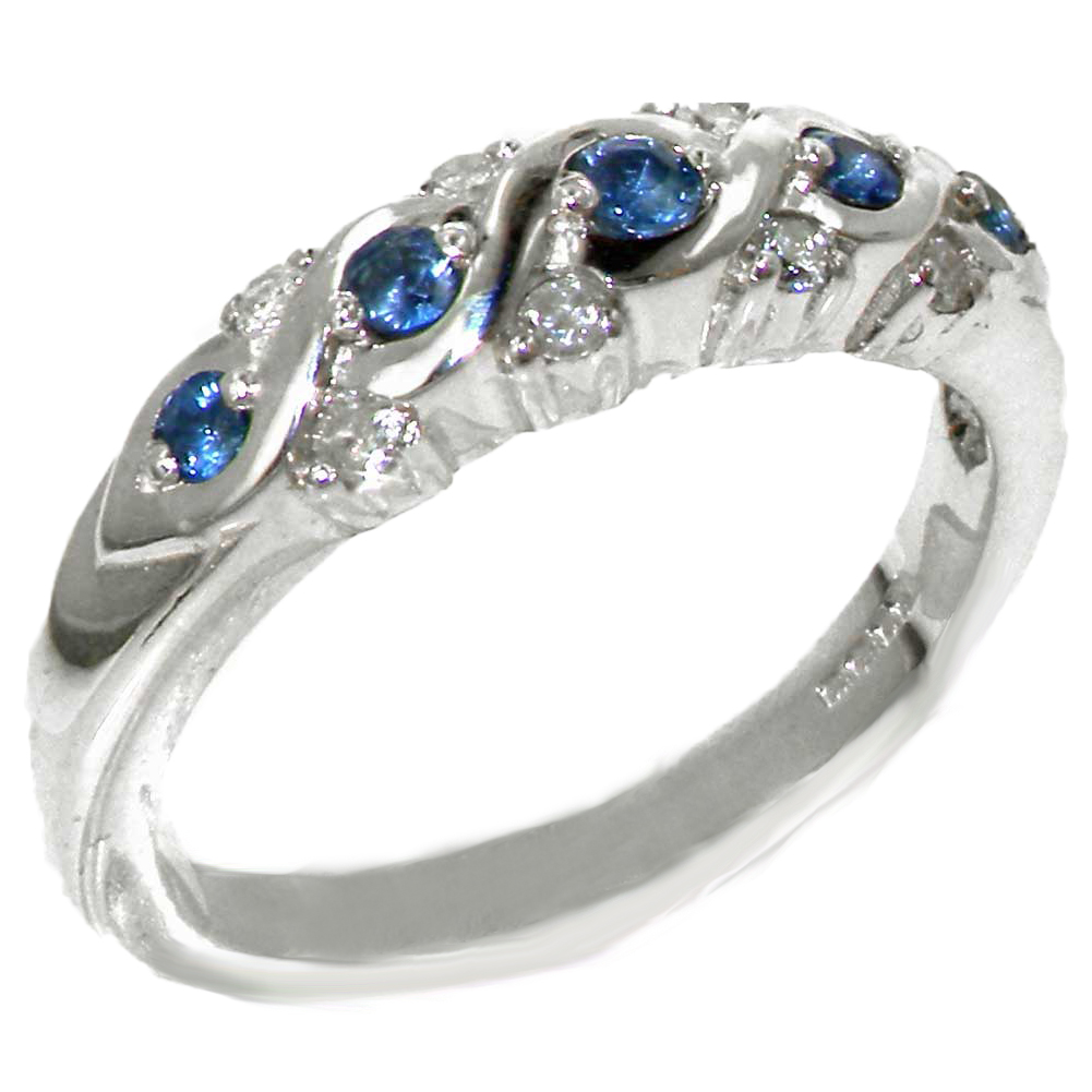 The Great British Jeweler Solid 10K White Gold Natural Sapphire & 0.16ct Diamond Womens Eternity Ring - Finger Sizes 4 to 12 Available