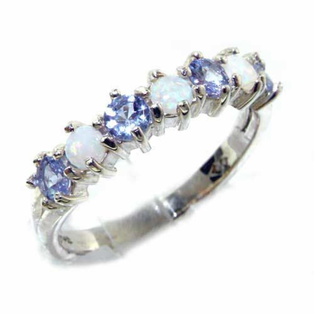 The Great British Jeweler Solid 10K White Gold Tanzanite & Opal Ring set with Natural Gemstones Eternity Band Ring - Sizes 4 to 12 Available