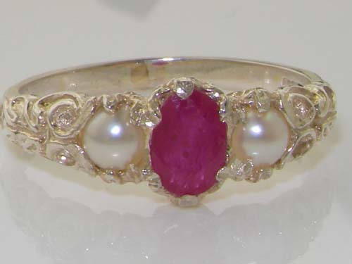 The Great British Jeweler Solid White 18K Gold Ring for Women Natural Ruby & Cultured Pearl Vintage Trio ring - Size 10