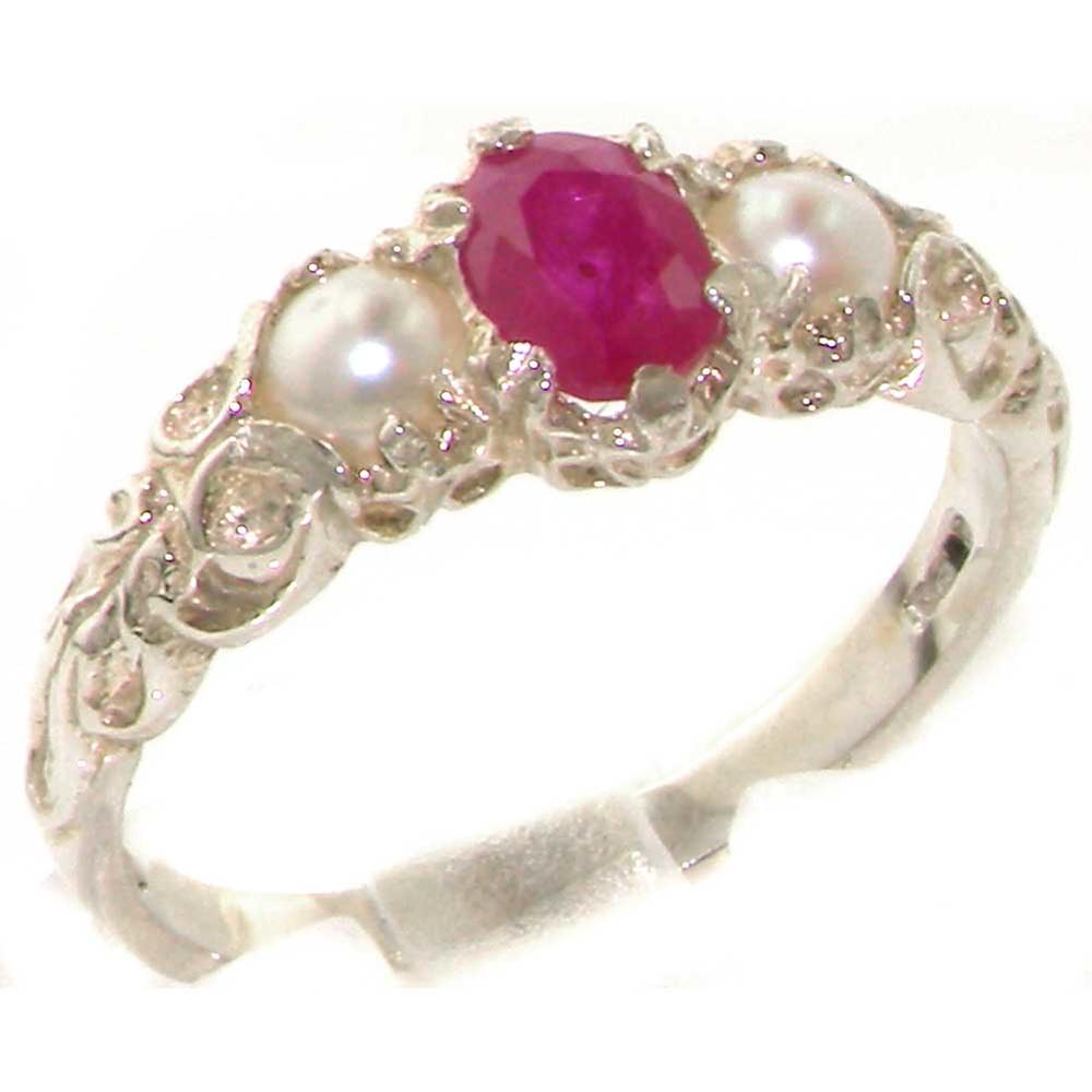 The Great British Jeweler Solid White 18K Gold Ring for Women Natural Ruby & Cultured Pearl Vintage Trio ring - Size 10