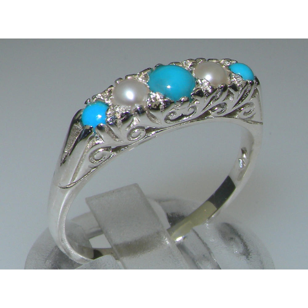 The Great British Jeweler 9ct White Gold Natural Turquoise & Cultured Pearl Womens  Band Ring - Sizes 4 to 12 Available -Sizes 4 to 12 Available 