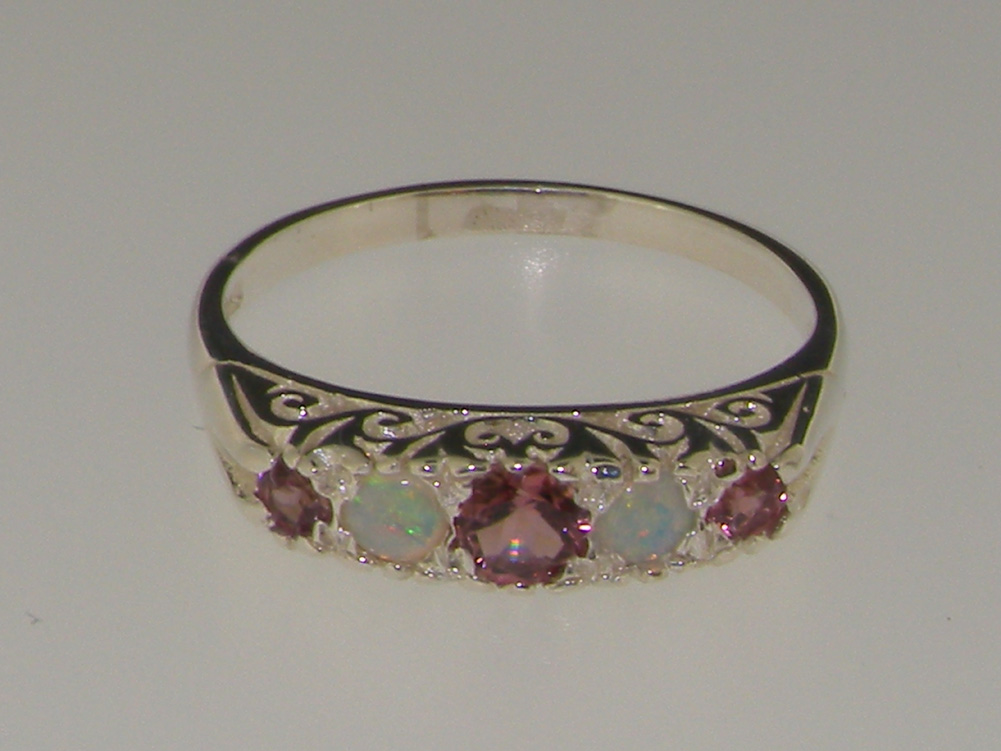 The Great British Jeweler 925 Sterling Silver Natural Pink Tourmaline & Opal Womens  Band Ring - Sizes 4 to 12 Available -Sizes 4 to 12 Available 
