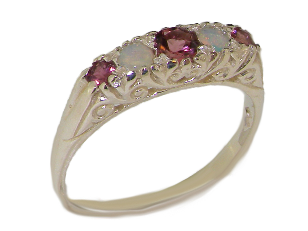 The Great British Jeweler 925 Sterling Silver Natural Pink Tourmaline & Opal Womens  Band Ring - Sizes 4 to 12 Available -Sizes 4 to 12 Available 