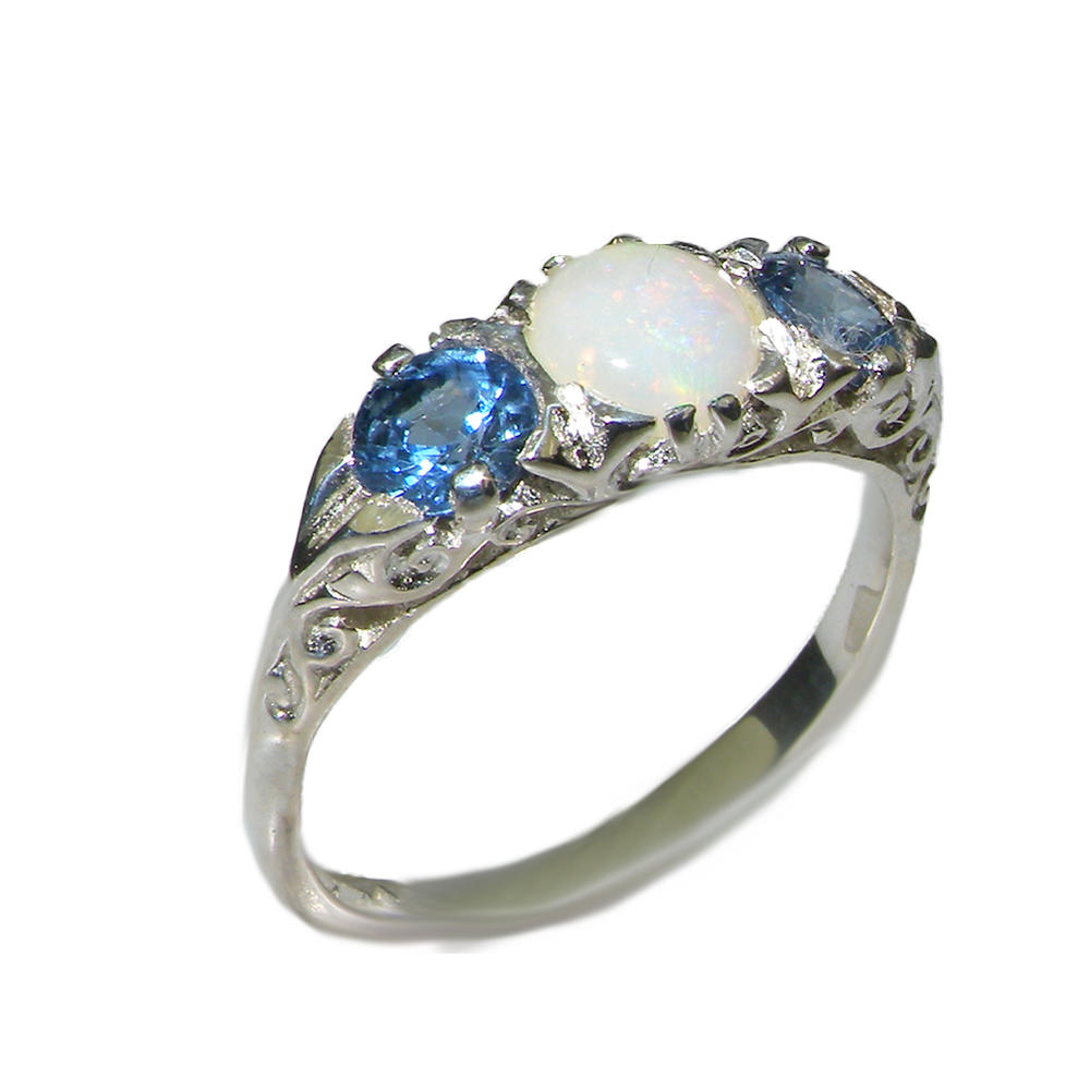 The Great British Jeweler VINTAGE style Solid 10K White Gold Natural Opal & Blue Sapphire Trilogy Ring
