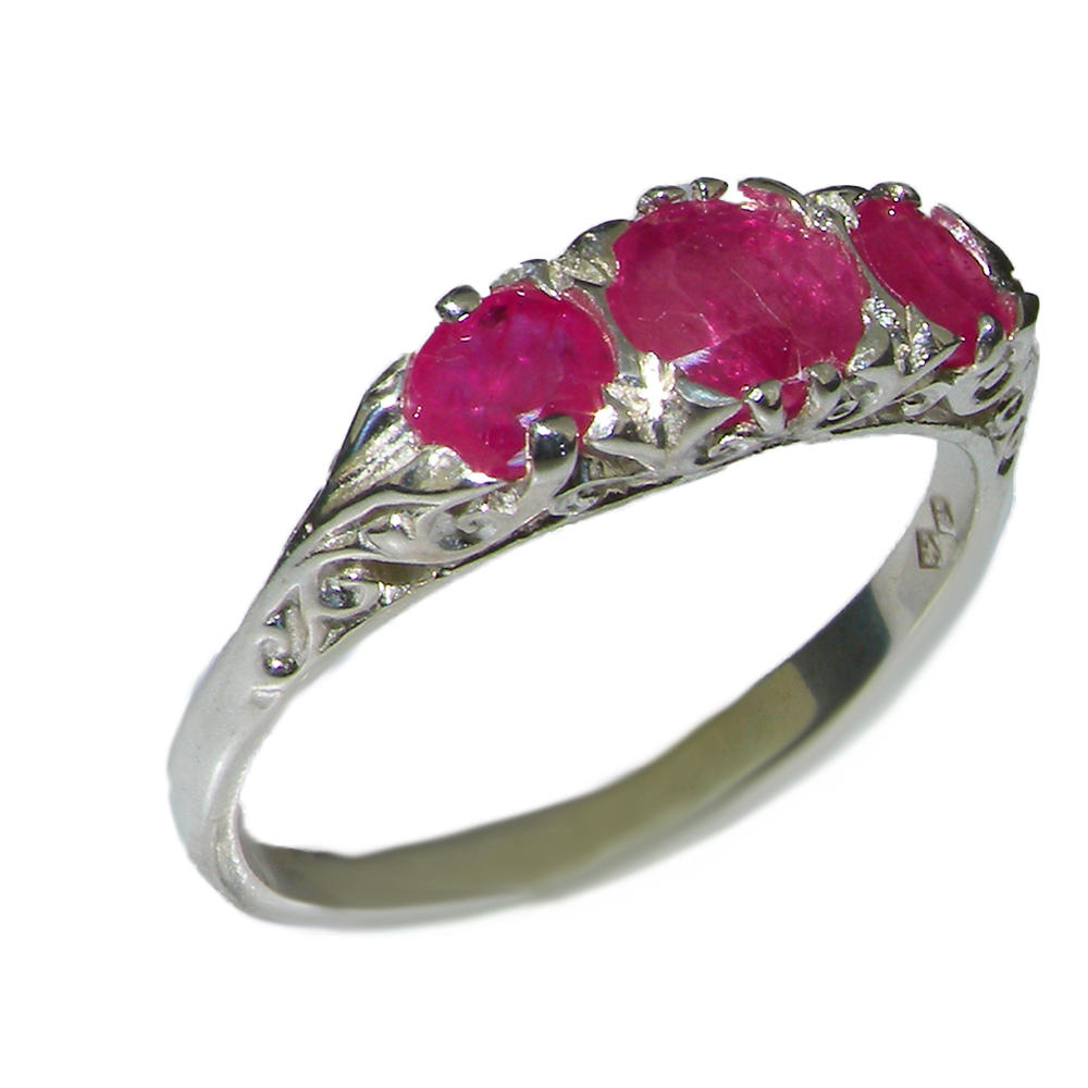 The Great British Jeweler VINTAGE style Solid 10K White Gold Natural Ruby Trilogy Ring