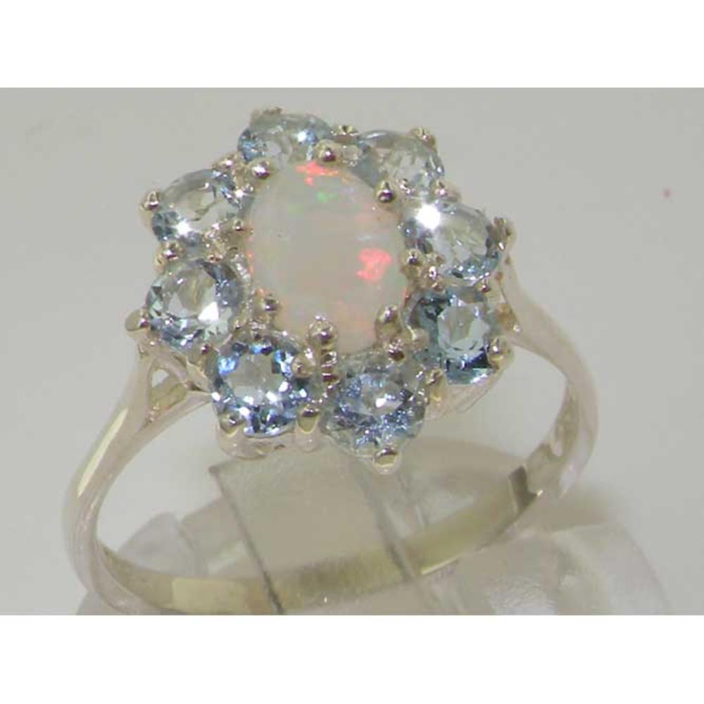 The Great British Jeweler 10k White Gold Natural Opal & AAA Aquamarine Womens Cluster Ring - Sizes 4 to 12 Available 