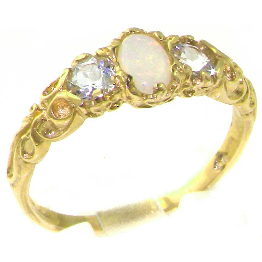 The Great British Jeweler Solid 10k .417 Yellow Gold Natural Opal & Aquamarine Womens Trilogy Ring - Sizes 4 to 12 Available
