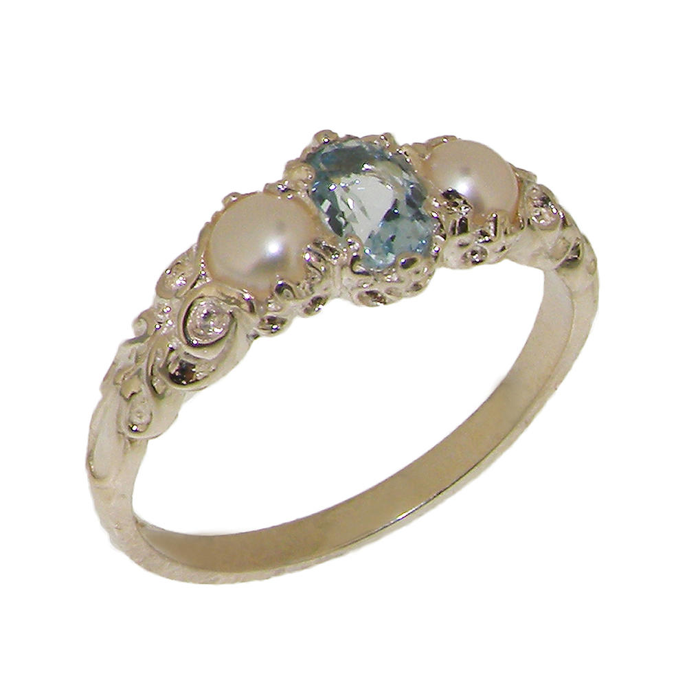The Great British Jeweler Solid 9k White Gold Natural Aquamarine & Cultured Pearl Womens Trilogy Ring - Sizes 4 to 12 Available