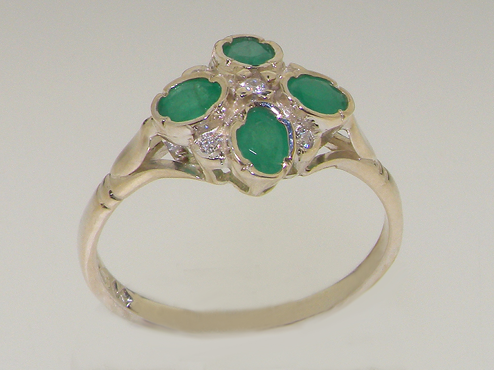 The Great British Jeweler Solid 925 Sterling Silver Natural Emerald & Diamond Womens Cluster Ring - Sizes 4 to 12 Available