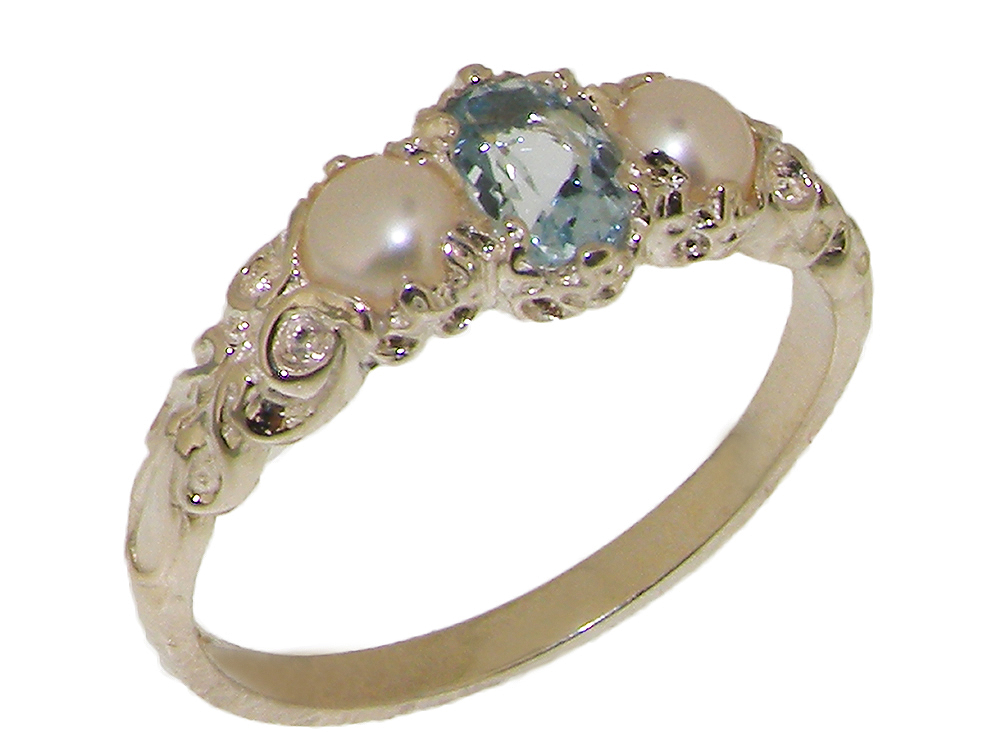 The Great British Jeweler Solid 14k White Gold Natural Aquamarine & Cultured Pearl Womens Trilogy Ring - Sizes 4 to 12 Available