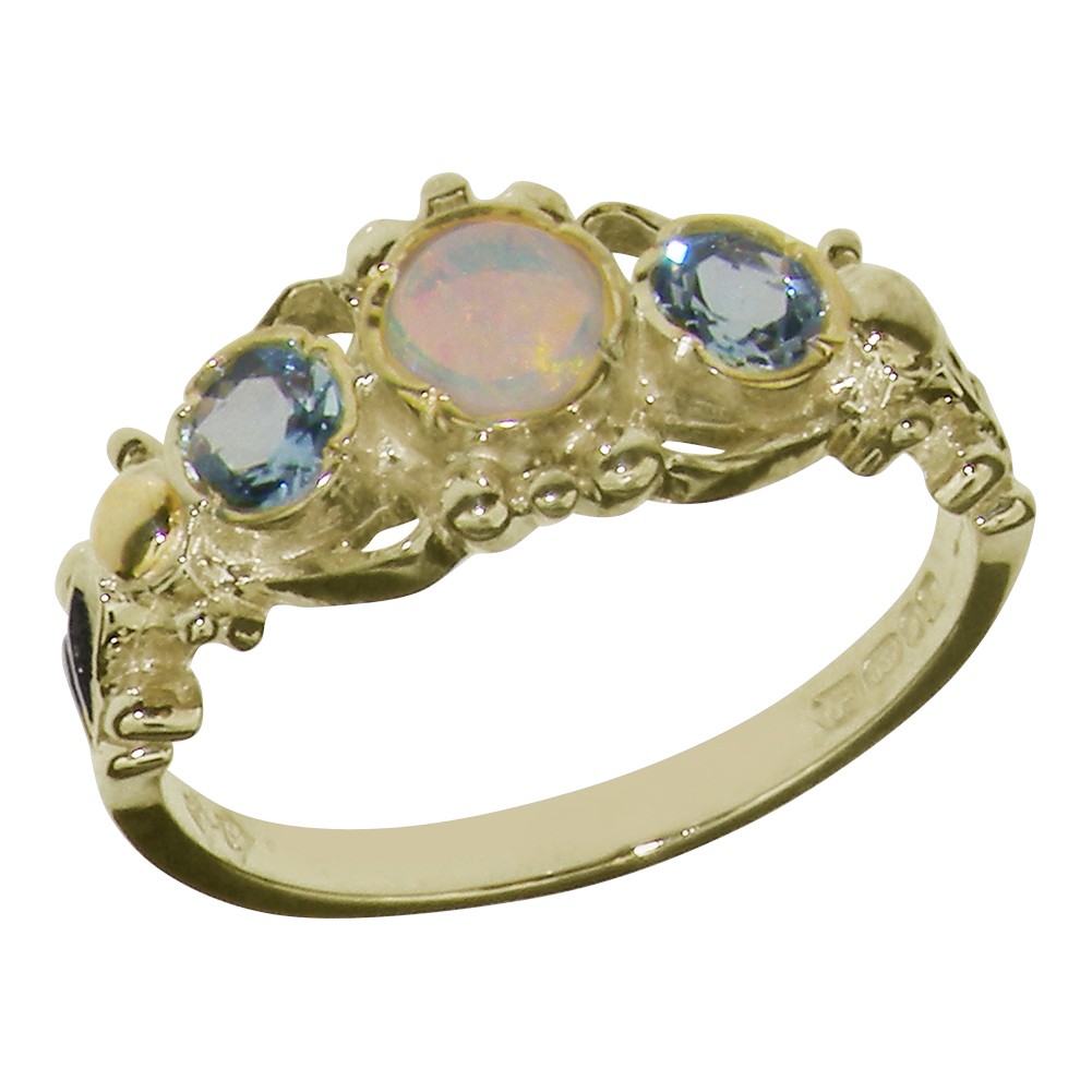 The Great British Jeweler Real 10K Yellow Gold Natural Opal & AAA Aquamarine Womens Vintage Style Trilogy Ring - Sizes 4 to 12 Available