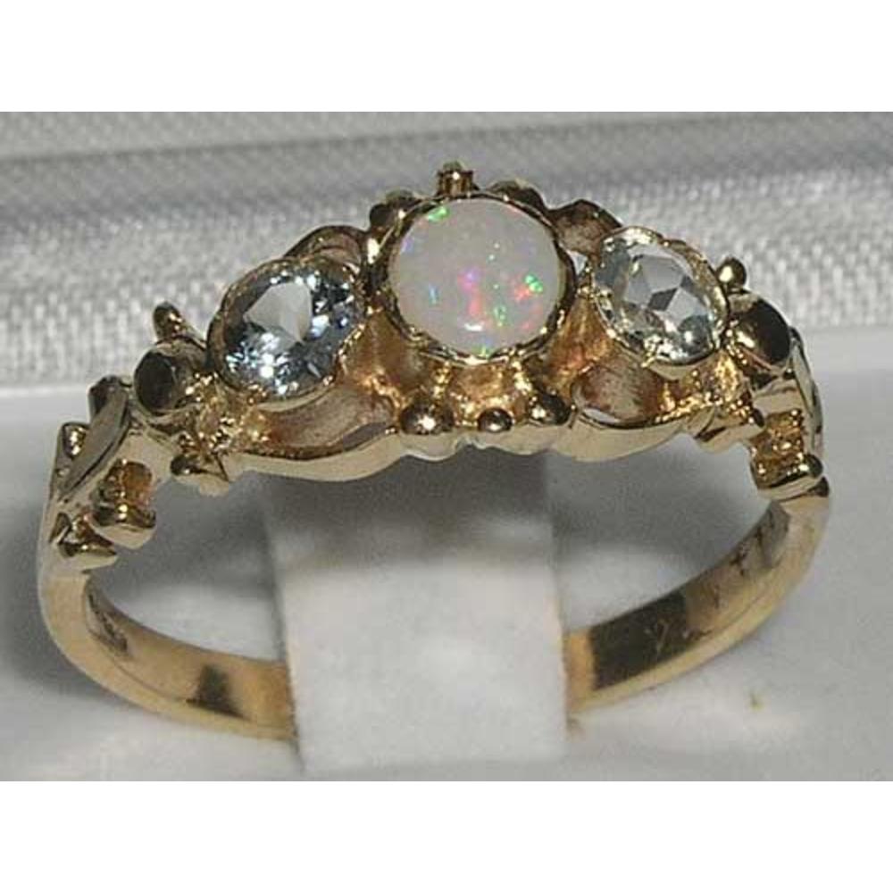 The Great British Jeweler Real 14K Yellow Gold Natural Opal & Aquamarine Womens Vintage Style Trilogy Ring - Sizes 4 to 12 Available