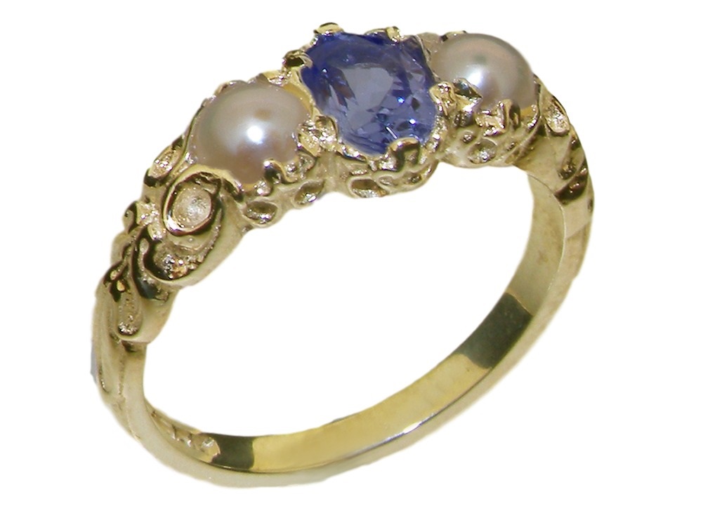 The Great British Jeweler Solid 14k Yellow Gold Natural Tanzanite & Cultured Pearl Womens Trilogy Ring - Sizes 4 to 12 Available