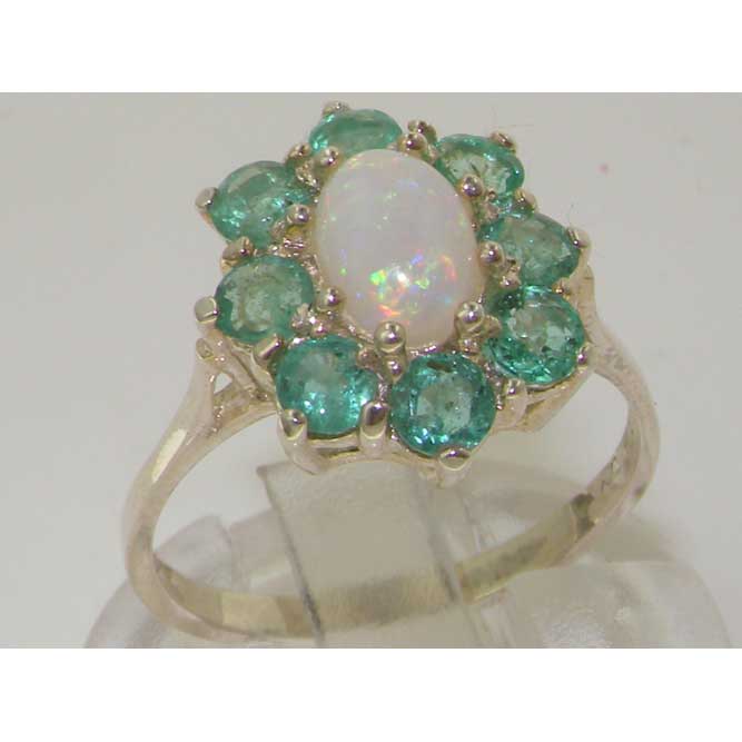 The Great British Jeweler Solid 18k White Gold Natural Opal & Emerald Womens Statement Ring - Sizes 4 to 12 Available