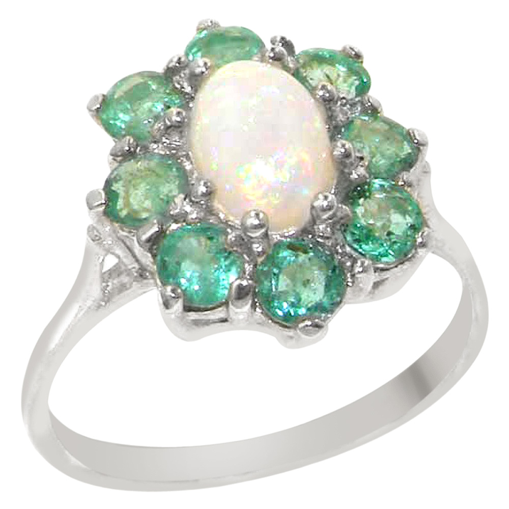 The Great British Jeweler Solid 18k White Gold Natural Opal & Emerald Womens Statement Ring - Sizes 4 to 12 Available