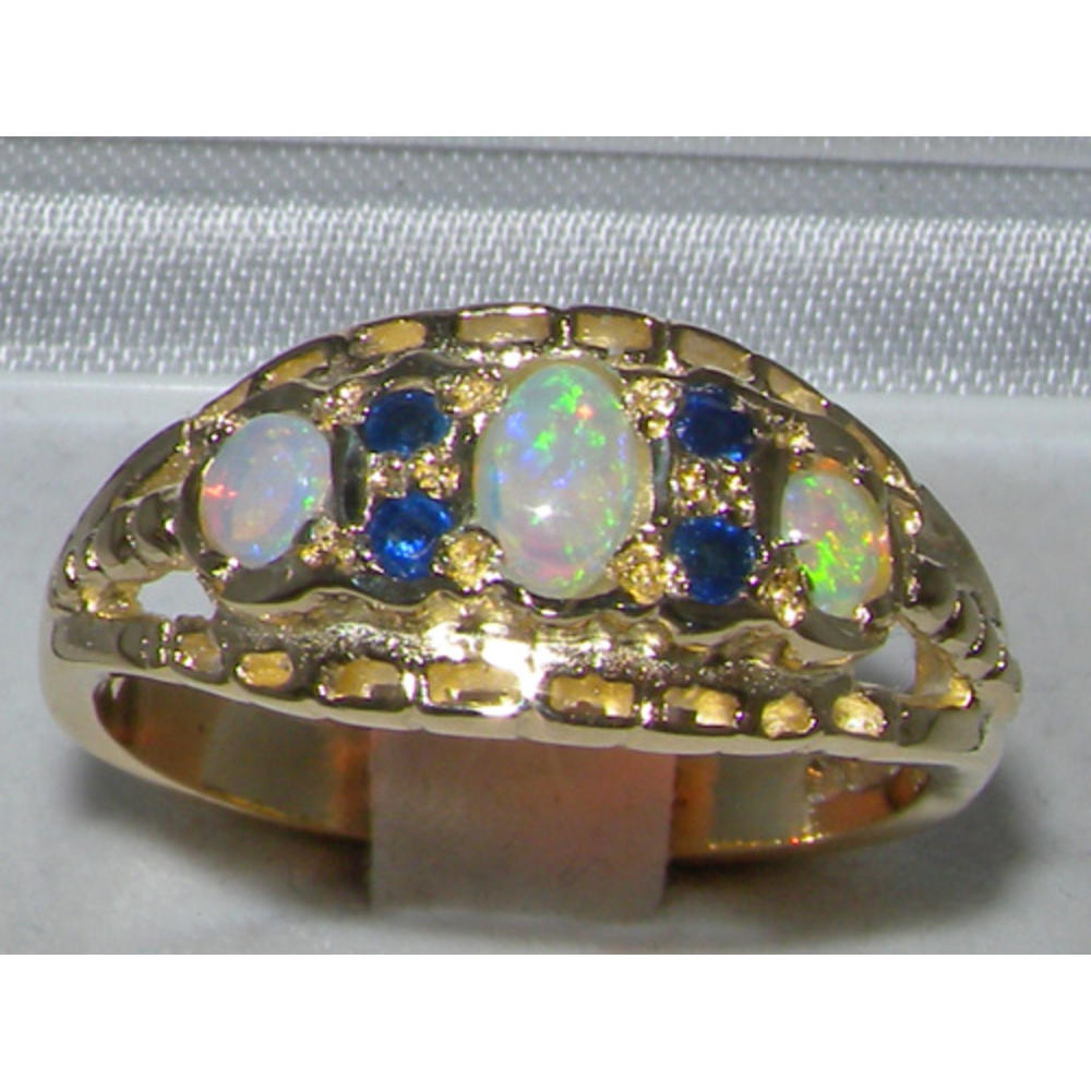 The Great British Jeweler Luxury 9K Yellow Gold Womens Opal & Sapphire Vintage Style Eternity Band Ring - Finger Sizes 4 to 12 Available