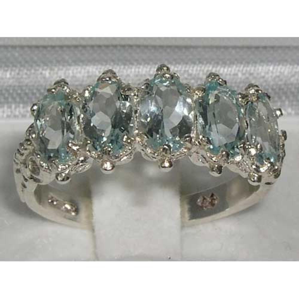 The Great British Jeweler Victorian Design Solid English White 9K Gold Natural Aquamarine Band Ring - Finger Sizes 5 to 12 Available