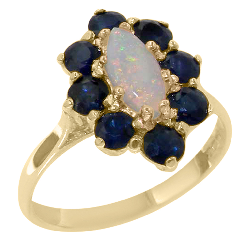 The Great British Jeweler 9k Yellow Gold Ring with Natural Opal & Sapphire Womens Statement Ring - Sizes 4 to 12 Available