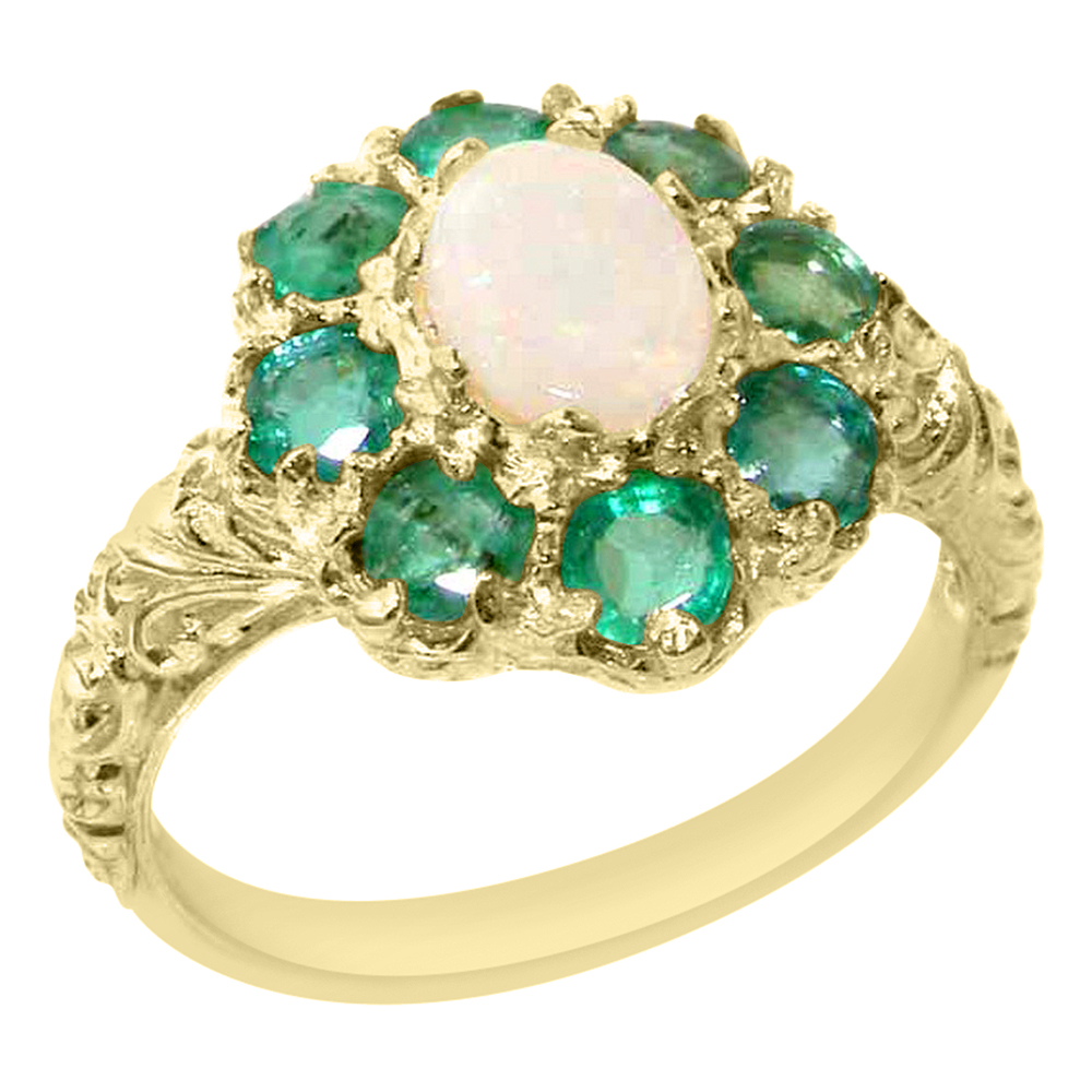 The Great British Jeweler 9k Yellow Gold Ring with Natural Opal & Emerald Womens Statement Ring - Sizes 4 to 12 Available