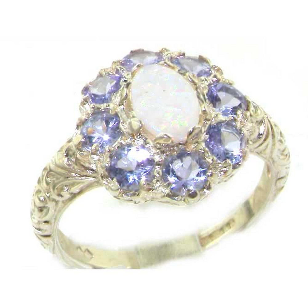 The Great British Jeweler 9k White Gold Ring with Natural Opal & Tanzanite Womens Statement Ring - Sizes 4 to 12 Available