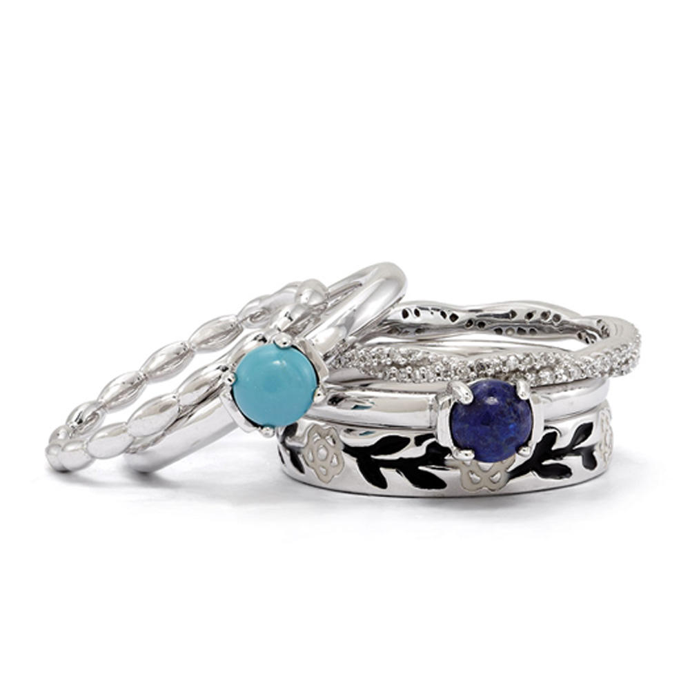 Stackable Expressions Sterling Silver & Enamel Stackable Natural Stone Ring Set