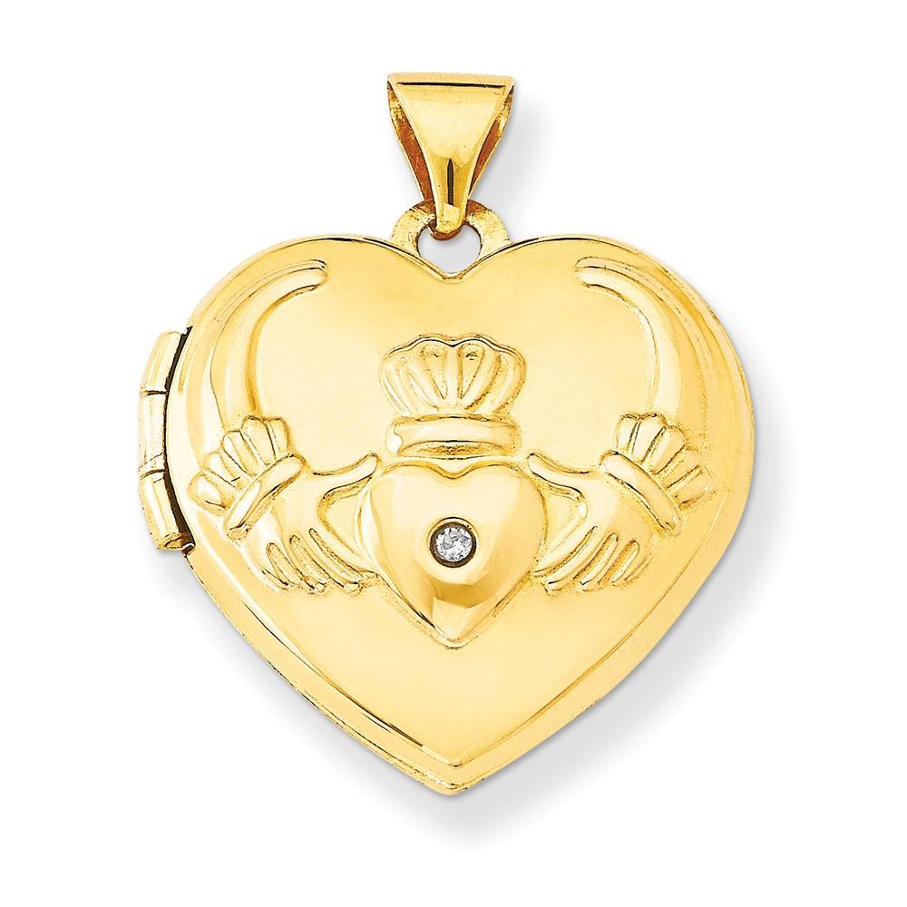 Black Bow Jewelry Company 15mm Heart Shaped Diamond Claddagh Locket in 14k Yellow Gold
