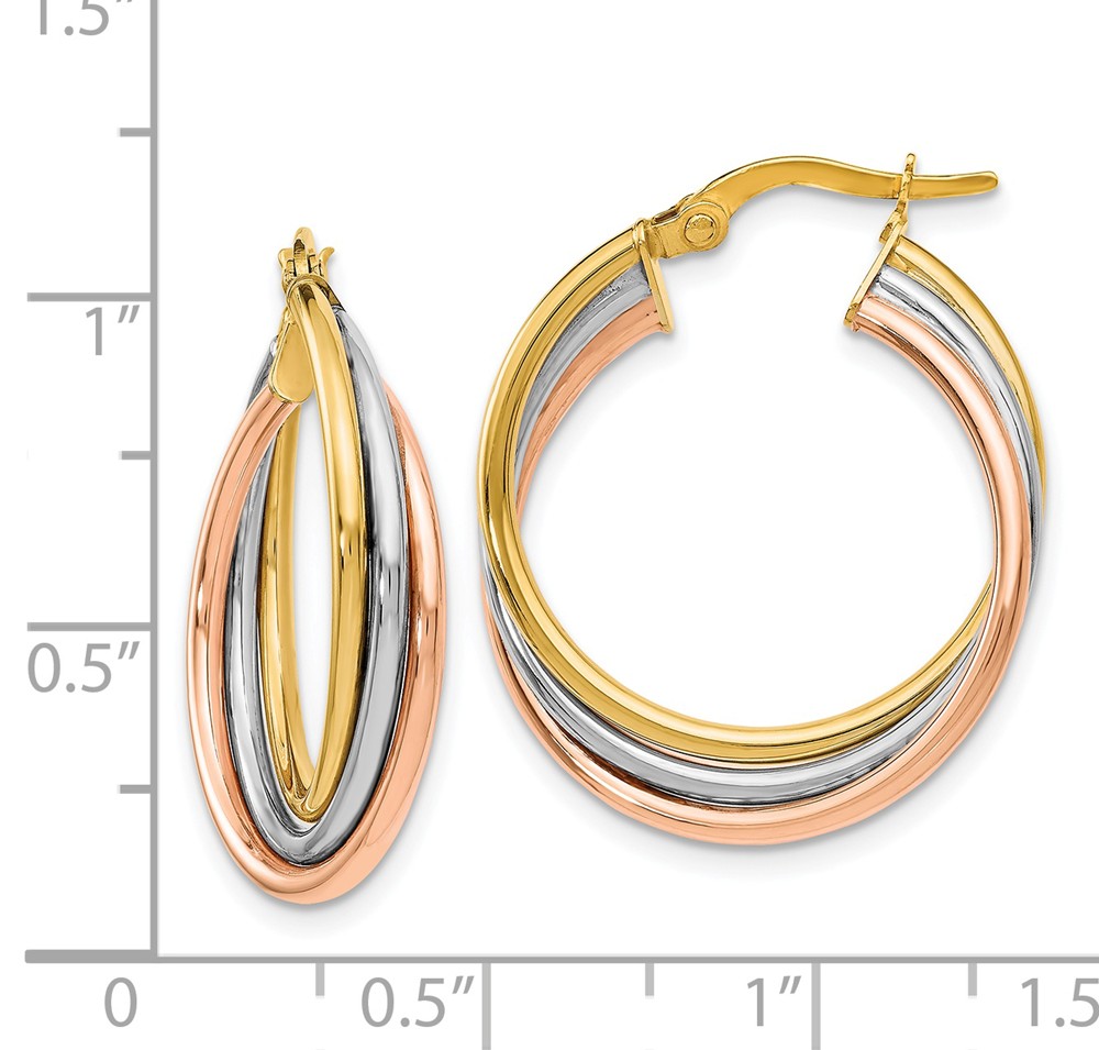 Black Bow Jewelry Company 5mm Triple Crossover Hoops in 14k Tri-Color Gold, 22mm (7/8 Inch)