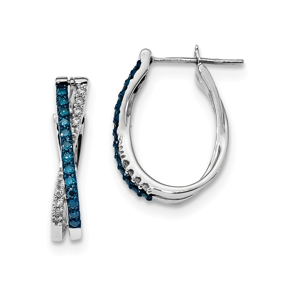 White Night Diamonds Blue & White Diamond Crossover Hinged Hoop Earrings in Sterling Silver