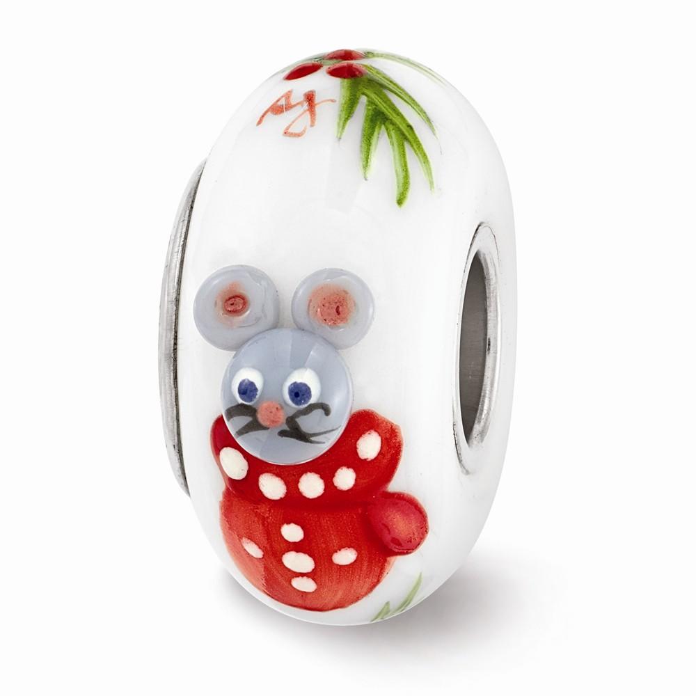 Fenton Glass Beads Fenton Hand Painted Christmas Mouse Glass & Sterling Silver Bead Charm