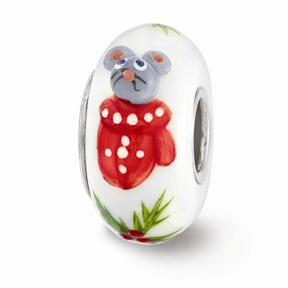 Fenton Glass Beads Fenton Hand Painted Christmas Mouse Glass & Sterling Silver Bead Charm