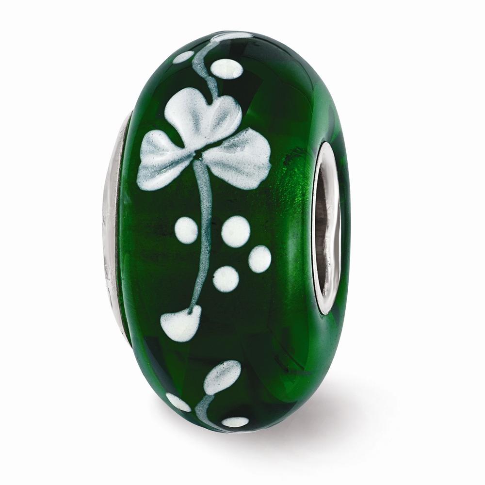 Fenton Glass Beads Fenton Green Hand Painted Clover Glass & Sterling Silver Bead Charm