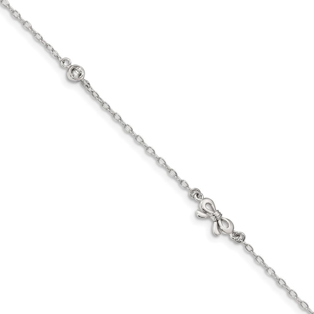 Black Bow Jewelry Company Sterling Silver CZ Bow And 1.5mm Cable Chain Anklet, 9-10 Inch