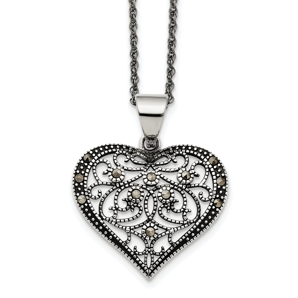 Black Bow Jewelry Company Marcasite Scroll Heart Necklace in Antiqued Stainless Steel, 20 Inch