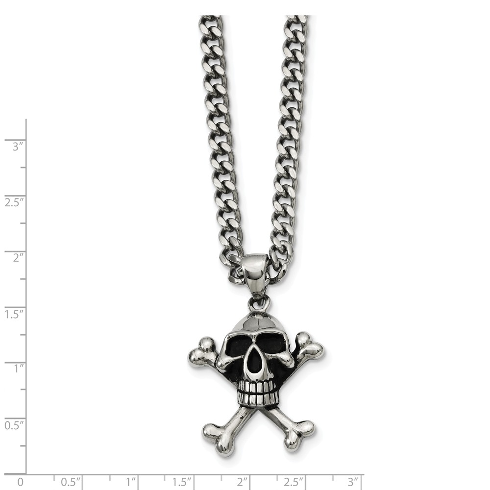 Chisel Stainless Steel Antiqued Skull and Crossbones Necklace 24 Inch