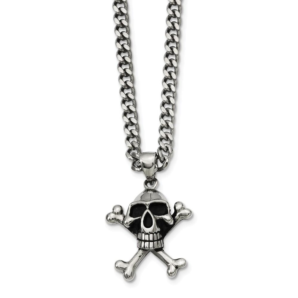 Chisel Stainless Steel Antiqued Skull and Crossbones Necklace 24 Inch