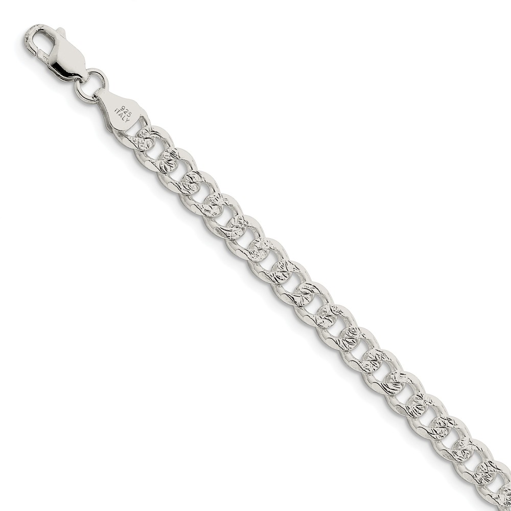 Black Bow Jewelry Company Men's 7mm, Sterling Silver Solid Pave Curb Chain Bracelet, 8 Inch