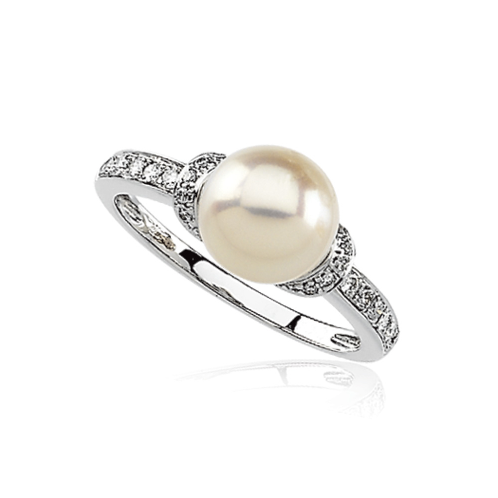 Black Bow Jewelry Company 8mm FW Cultured Pearl and 1/5 Ct (H-II1) Diamond 14k White Gold Ring
